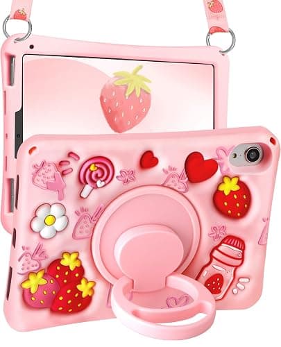 Boaretiu for iPad mini 7 A17 Pro Case for iPad mini 7th/6th Generation - Soft Silicone Cute Cartoon with Shoulder Strap & Rotating Stand Kawaii for Women Girls Girly Kid Teens Cover, Strawberry - Image 1