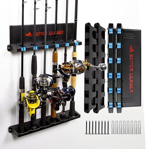2 Pack Vertical Fishing Rod Holder for Garage, BETTER LEADER Fishing Pole Holders- Holds Up to 12 Rods or Combos, Wall Mount Fishing Pole Rack, Fits Most Rods of Diameter 3-19mm, Fishing Gifts for Men - 2 Set-Blue - Image 1