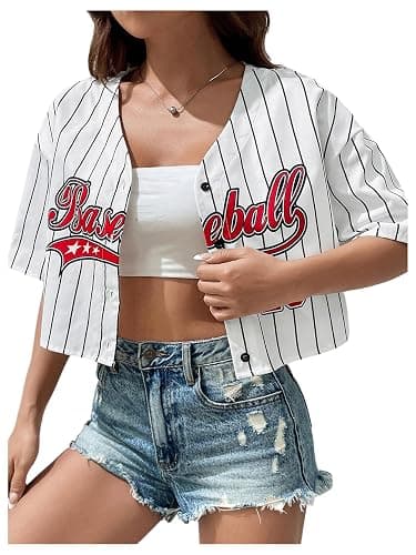 WDIRARA Women's Graphic Printed Short Sleeve Crop Top Drop Shoulder V Neck Button Front Baseball Shirt - Image 1