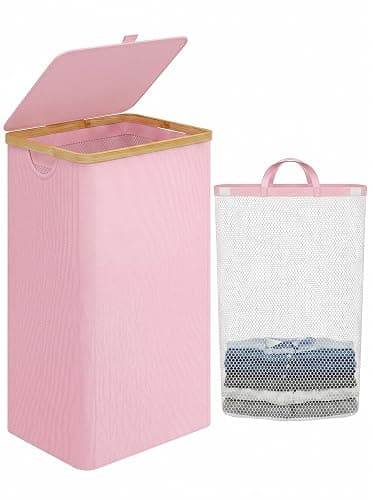 IEGrow Laundry Hamper with Lid,110L Laundry Basket with Mesh Bags,Pink | Dirty Clothes Hamper Basket with Bamboo Handle for Clothes Towels - Image 1