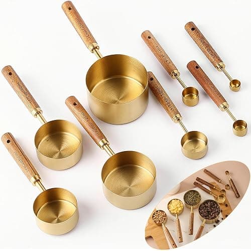 8Pcs Measuring Cups and Spoons Set - Golden Stainless Steel Measuring Cups with Wooden Handle, Metal Measuring Spoons Set Nesting Kitchen Measure Set for Kitchen/Food/Baking (8Pcs Wooden Handle) - Image 1