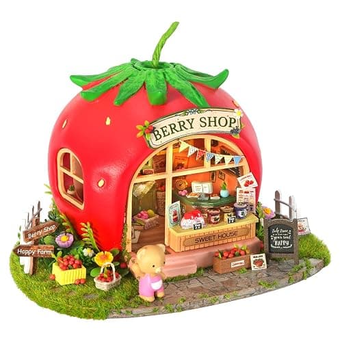 CUTEROOM DIY Miniature House Building Kit - Mini Dollhouse Kit for Adults with LED Lights, Realistic Mini House Building Model Kit, Creative Crafts Home Decor Gift- Berry Shop - Image 1