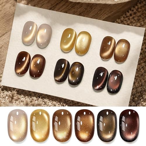 Born Pretty 6 PCS Brown Cat Magnetic Eye Gel Polish Champagne Mocha Golden | Fall Winter Brown Holographic Shimmer Glitter Gel Nail Polish Set with Magnet, U V Cure Manicure Nail Art for Home Salon DIY - Image 1