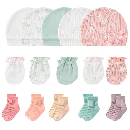 MAMIMAKA Newborn Baby Boy Girl Caps Mittens Socks Set Cotton Baby Essentials Accessories (Hats+Gloves+Socks) - Image 1