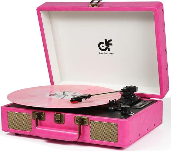 Vintage Bluetooth Suitcase Record Player with Built-in Speakers, 3 Speed Portable Turntable with USB Vinyl Audio Recorder RCA AUX-in & Headphone Jack (Pink) - Image 1