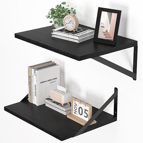Heimlove Black Deep Floating Shelves for Wall, 16W x 12D Wood Wall Shelves Set of 2, Wide Floating Bookshelf for Living Room, Kitchen, Office, Bedroom and Decor Storage, with Metal Bracket - Black - Image 1