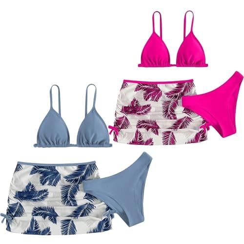 Cute Swimsuits for Teen Girls V Neck Spaghetti Strap Triangle Bikini Set for Girls Tropical Floral Kids Swimsuits - F-hot Pink - 10-12 Years - Image 1