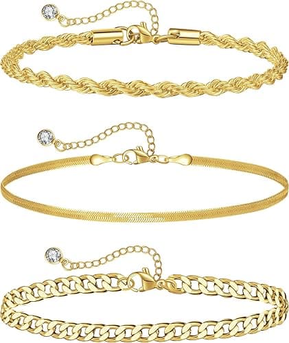 HANCAO Plus Size Ankle Bracelets for Women - Extra Large 10"+2" Adjustable Anklet 14K Real Gold Plated Anklet Cuban Link, Figaro, Rope, Snake Herringbone - Summer Beach Waterproof Foot Jewelry - Image 1