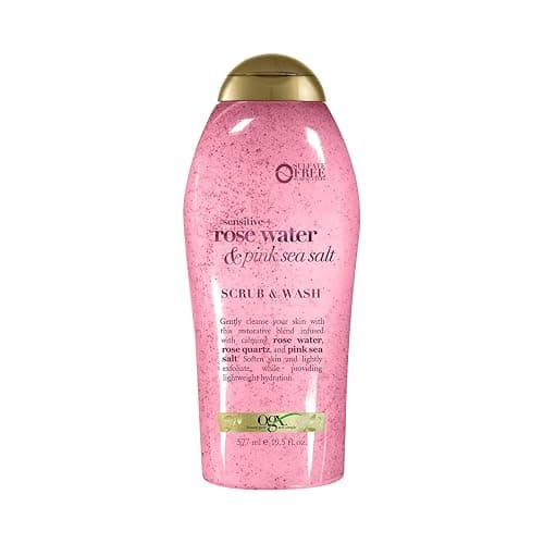 OGX Sensitive + Rose Water & Pink Sea Salt Exfoliating Body Scrub + Rose Quartz, Gentle Exfoliating Daily Body Wash Softens Skin, Body Scrub for Women, Sulfate-Free Surfactants, 19.5 fl oz - Image 1