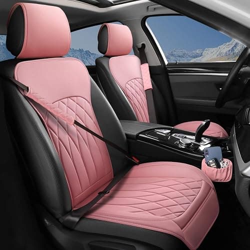 BEITK 2 Pack Leather Front Car Seat Covers, Universal Sideless Car Seat Protectors with Storage Pocket and Seat Belt Pads, Waterproof Automotive Seat Cover for Cars Trucks SUV(Pink) - Image 1