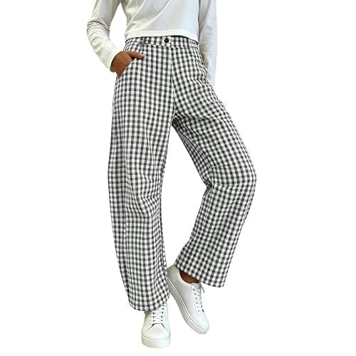 Women Barrel Checkered Pants High Waistband Baggy Lounge Trousers Fashion Plaid Wide Leg Pant with Pockets - Image 1
