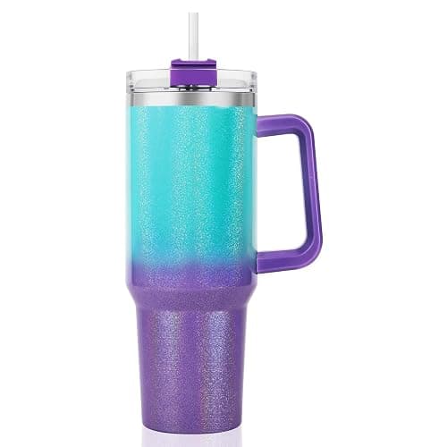 QDXMD 40 oz Tumbler with Handle and Straw Lid, Vacuum Insulated Leak Proof Double Walled Stainless Steel Glitter Travel Mug Tumblers, Maintains Cold Ice and Heat for Hours(Green Purple Gradient) - Image 1