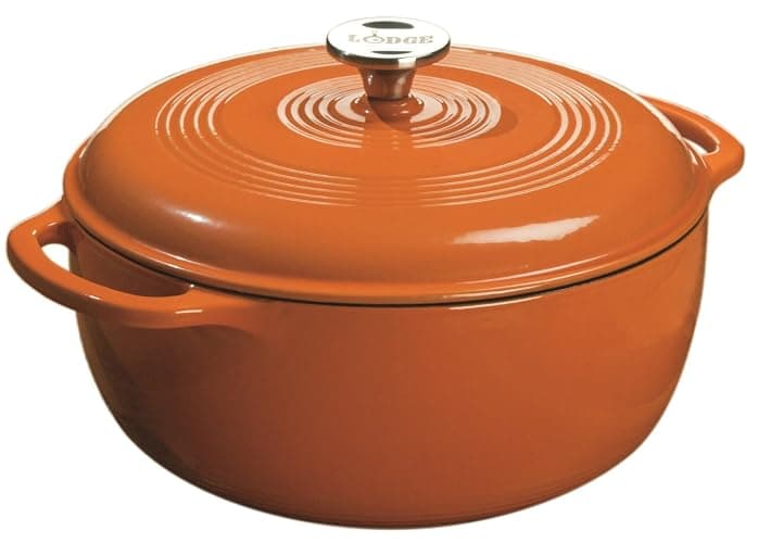 Lodge 6 Quart Enameled Cast Iron Dutch Oven with Lid – Dual Handles – Oven Safe up to 500° F or on Stovetop - Use to Marinate, Cook, Bake, Refrigerate and Serve – Pumpkin - Image 1