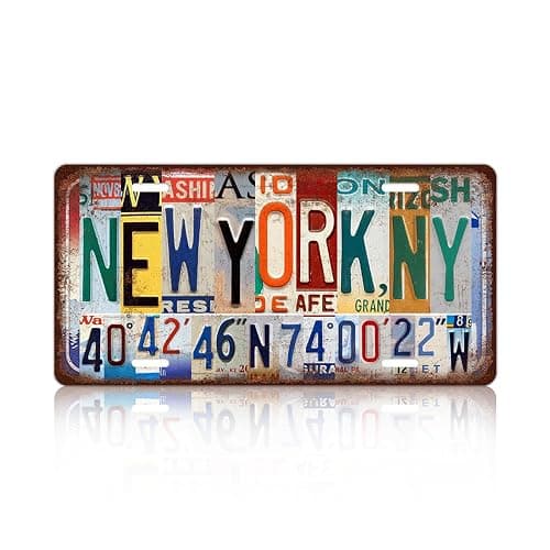 Vintage City License Plate New York,Ny Wall Decor Metal Tin Sign for Bar Home Bedroom 12 x 6 Inches (Including latitude and longitude) - Image 1