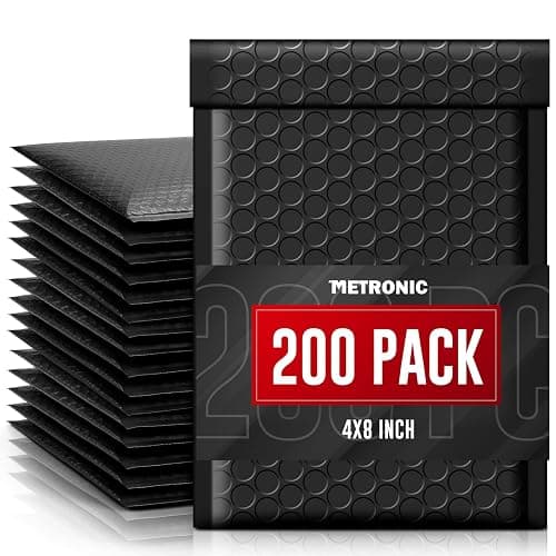 METRONIC Black Bubble Mailers 4x8 Inch 200 Pack Small Padded Envelopes | Usable Size 4x7 Waterproof Padded Mailer Self Seal Adhesive Bubble Envelopes for Shipping Jewelry, Cards, Small Business - Image 1