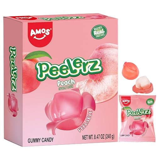AMOS Peelerz Gummy Peach Candy, Peelable Fruit-Shaped Candy, 8.47oz Box with 10 Individual Packs – Fun Peeling Gummy Snack Made with Real Juice - Image 1