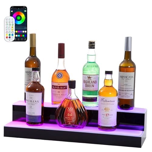 Leekimid Led Lighted Liquor Bottle Display Shelf, 24 Inch 2 Tier Whiskey Rack, Support USB, Bar Stand with RF Remote & App Control, Illuminated Acrylic Lighting Shelves for Home Bar, Party - Image 1