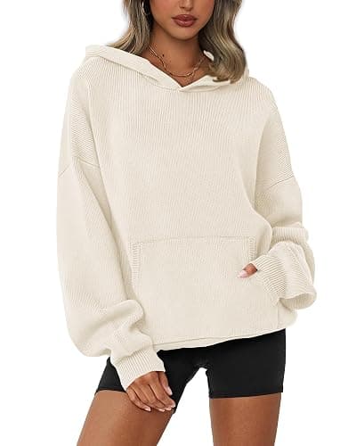 dowerme Women Oversized Sweaters 2025 Lantern Long Sleeve Drop Shoulder Chunky Knit Hooded Pullover Sweater with Pocket - Image 1