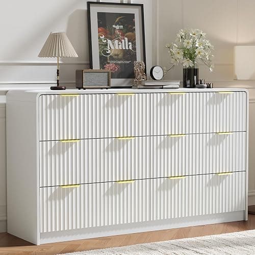 Fluted Dresser for Bedroom,55" Tall Chest of Drawers with Gold Metal Handle, 6 Drawer Dresser for Bedroom, Hallway, Closet(White) - Image 1