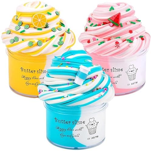 Keemanman Butter Slime Kit 3 Pack with Watermelon, Latte and Lemon Charms, Cool Preppy Stuff, Cute Stress Relief Toys and Birthday Gifts Ideas for Girls and Boys, Scented Aesthetic Stuff for Kids - Image 1