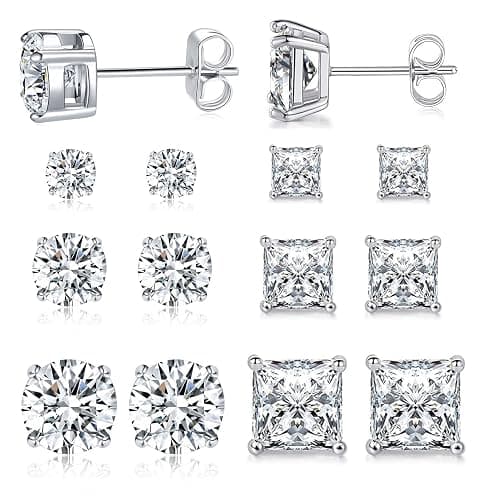 MDFUN 6 Pairs Stud Earrings Set 3mm/5mm/7mm Princess & Round Cubic Zirconia Earrings Hypoallergenic 316L Surgical Stainless Steel CZ Earrings for Women Men - Image 1