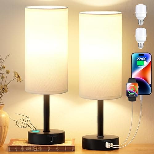 PreeOtti Bedside Lamps Set of 2, Dimmable White Bed Side Lamp with 2 USB Charging Ports, Black Base (Bulbs Included) - Image 1