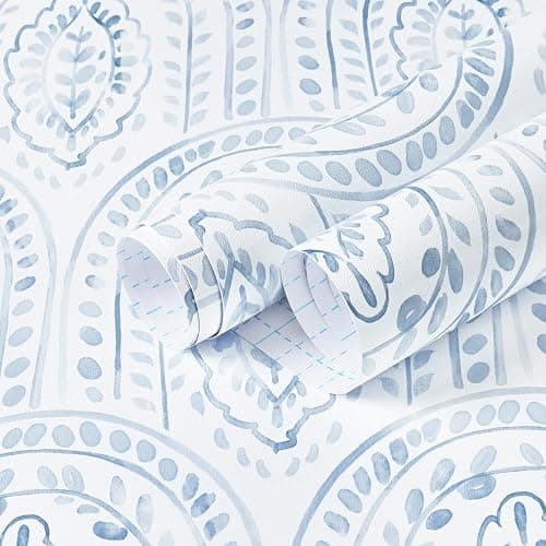 EeeComing Blue Peel and Stick Wallpaper Boho Wall Paper Peel and Stick Modern Contact Paper Self Adhesive Wallpaper for Bedroom and Bathroom Removable Cabinet Shelf Liner Vinyl 17.3”X393” - Image 1