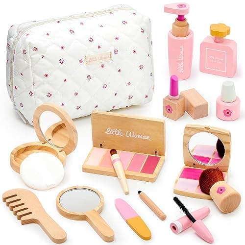 Lonico Wooden Makeup Toy Set for Girls Pretend Play Makeup Kit for Toddlers 3-5 with Eyeshadow/ Mascara/ Perfume/ Blush/ Mirror/ Bag, Birthday Gifts for Girls Toys Kids Aged 3 4 5 6 7 8 - Image 1
