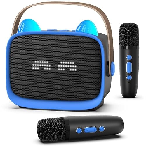 Mgaolo Upgraded Mini Karaoke Machine Toy for Kids, Portable Bluetooth Speaker with 2 Wireless Mics, Emoji & Colorful LED Lights, Home Travel & Party Play Gifts for Boys Girls (Blue) - Image 1