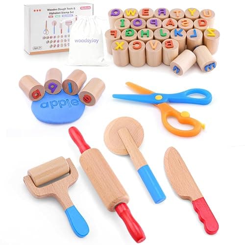 Wooden Dough Tools Kit for Kids, Dough Accessories with Rolling Pins, Pizza Cutter, Safety Scissors & 26 Letter Stamps, Educational Alphabet Learning Toys Gift for Toddlers Ages 3–6 - Image 1