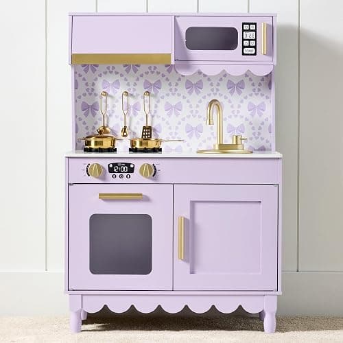 Best Choice Products Toddler Kitchen Playset, Wooden Cottage Kids Play Kitchen with 5 Accessories, Toy Storage, Scalloped Edge, and Pretend Play Microwave, Oven, Clicking Knobs - Lavender - Image 1