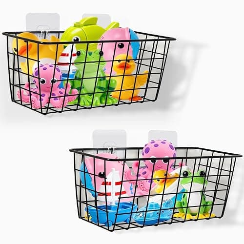 Hanging Bath Toy Storage Basket - 2 Pack Metal Bath Toy Holder with Hooks - Bathtub Toy Storage Organizer for Baby Bath Kids Shower Bathroom - Image 1