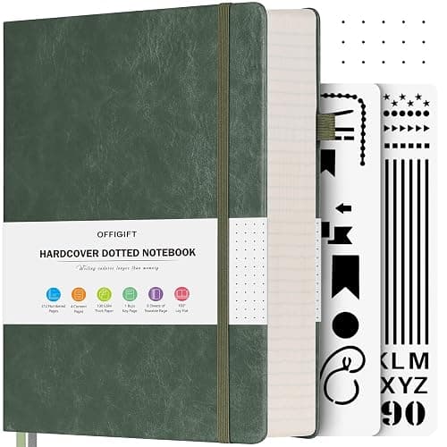 OFFIGIFT Bullet Dotted Journal Notebook, 312 Numbered Pages A5 Hardcover Leather Journal, 100gsm No Bleed Paper Dot Grid Notebook with Index Pages, Dot Journal for Women Men, 5.75" x 8.38", Green - Image 1