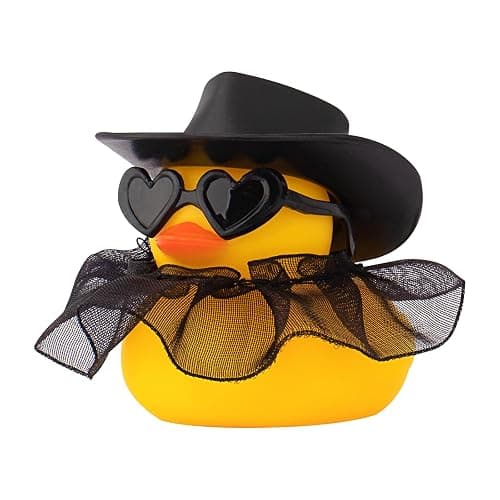 wonuu Car Decorations Cowboy Rubber Ducks, Car Ornament Ducky for Dashboard Accessories with Cowboy Hat, Black Plastic Glasses, Transparent Black Skirt - Image 1