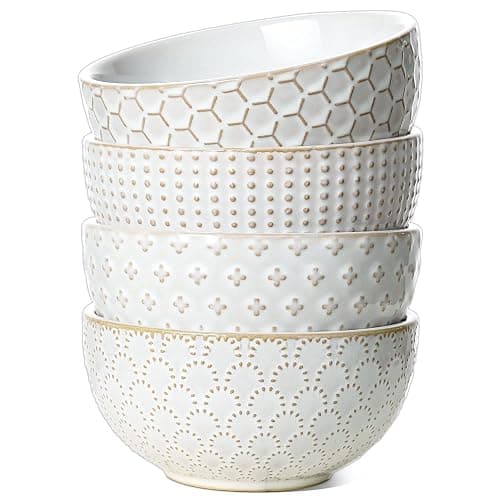 LE TAUCI Cereal bowls 26 oz, Ceramic Soup Bowl for Kitchen, Embossment Stoneware Bowl for Pho, Chip, Fruits, Salad, Noodle, Ramen, Suit For Housewarming - 6 Inch, Set of 4, Arctic white - Image 1