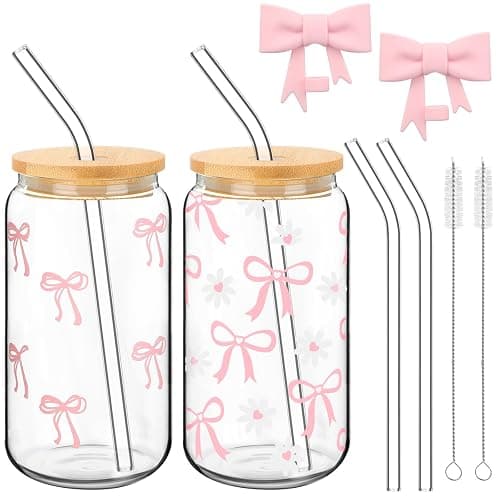 Skylety Set of 2 Coquette Bow Glass Cup 16oz Pink Glass Cup with Lids and Straws Reusable Pink Bow Silicone Straw Toppers Lids Protectors 2 Brush for Drinking Coffee Tea Cocktail(Bow) - Image 1