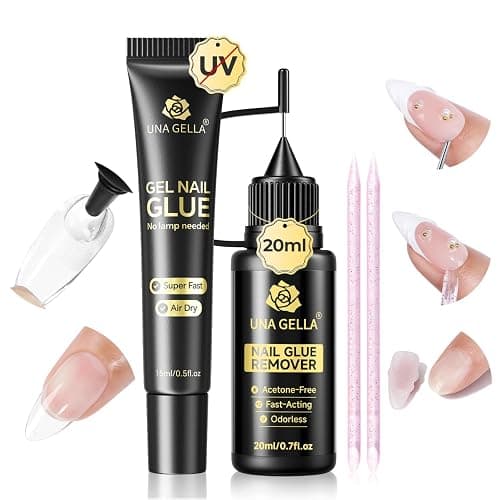 UNA GELLA 15g Nail Glue for Press On Nails with 20ml Nail Glue Remover Kit | Quick Dry Semi Solid Glue, No U V Lamp Needed, Non-Acetone Gentle Remover, Strong Hold Nail Tips Glue Gel, for DIY Manicure - Image 1