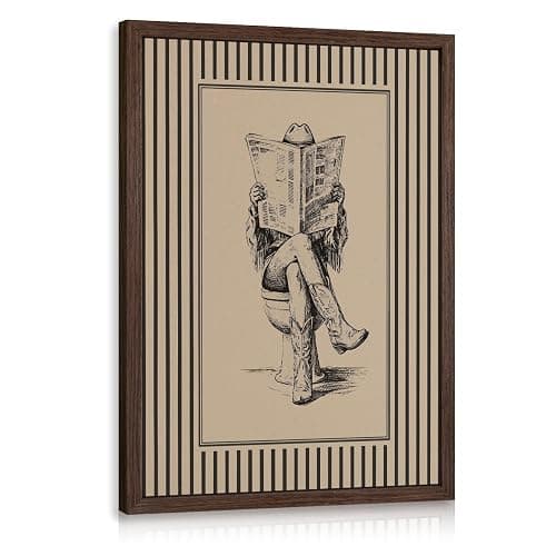 RLKHG Wood Framed Funny Cowboy Bathroom Wall Art, Western Cowboy Reading Newspaper on Toilet Wall Decor, Vintage Rustic Farmhouse Poster Print, Humorous Restroom Artwork for Washroom 12x16 Inch - Image 1