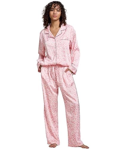 YiNi LuLu Womens Silk Satin Pajamas Set Button Down 2 Piece Pjs Long Sleeve Oversized Sleepwear with Pockets - Pink Spot - X-Large - Image 1