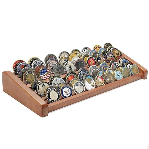ASmileIndeep 8 Rows Solid Wood Challenge Coin Display Stand - Military Holder for Up to 60-70 Coins - Ideal Rack for Army Navy Marine Corps Law Enforcement Collectors, Walnut Finish - Image 1