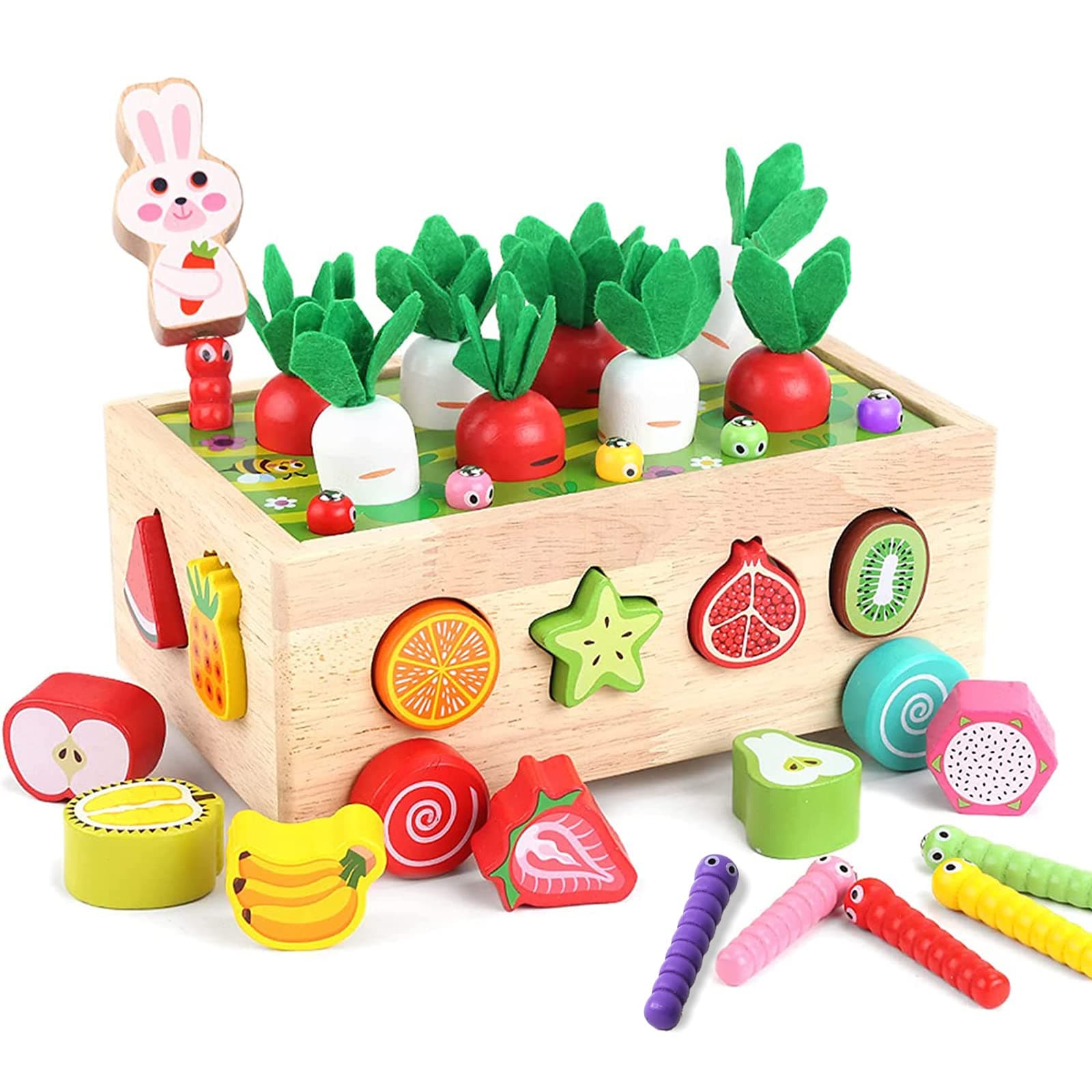 PELOSTA Montessori Toys for Toddler 1-3, Baby Wooden Educational Toy for 1 2 Year Old Boy Girl Gift, Farm Theme with Rabbit, 12 Fruit Blocks, 8 Carrots, 10 Worms & Shape Matching Sorting Car - Image 1