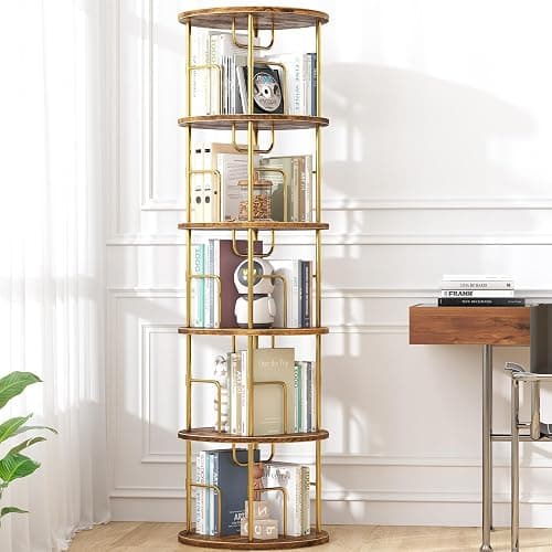 5Tier Rotating Bookshelf, 360 ° Display Stackable Spinning Bookshelf Tower,Round Space Saving Tall Floor Standing Swivel Bookcase Corner Storage Organizer for Bedroom/Living Room/Office,Gold - Image 1