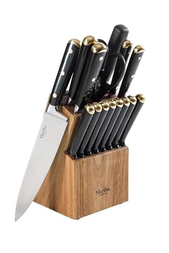Martha Stewart 16 Piece Lockton High Carbon Stainless Steel Cutlery Kitchen Knife Block Set W/ABS Tripe Riveted Forged Handle Acacia Wood Block - Black W/Gold - Image 1