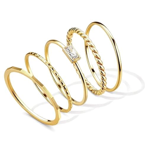 sailimue Gold Stackable Rings for Women Non Tarnish - 14K Gold Plated Waterproof Thin Band Ring Set - 1mm Minimalist Stainless Steel Silver Stacking Dainty Trendy Statement Thumb Rings Size 5-11 - Image 1