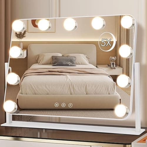 DenCert 360° Vanity Mirror with Lights 11 Led Bulbs Hollywood Lighted Makeup Mirror with 5X Magnification Mirror Hollywood Cosmetic Mirror Tabletop Makeup Mirror with 3 Lighting Modes 16x13 Inch - Image 1