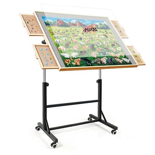 ALL4JIG 1500 Pieces Puzzle Table with Legs and Wheels,24.92"×33.58" Wooden Jigsaw Puzzle Table with 4 Drawers&Cover,Adjustable Height Table Design,Laptop Table for Couch,for Building with Lego - Image 1