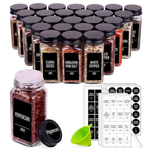 Churboro 25 Spice Jars with 547 Labels- Glass Spice Jars with Black Metal Caps, 4oz Empty Spice Containers with Shaker Lids, Funnel, Chalk Pen, Square Seasoning Bottles for Spice Rack, Drawer, Cabinet - Image 1
