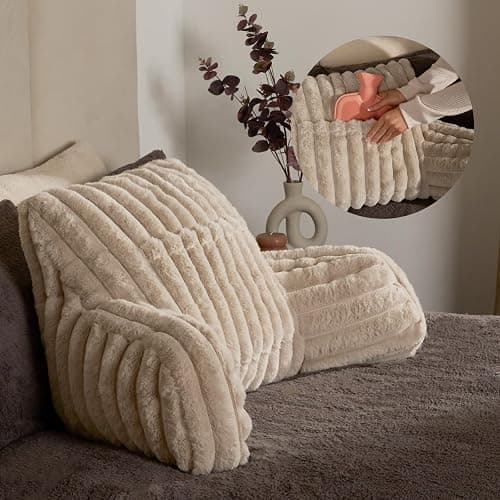 OHS Cuddle Cushion, Gifts for Women Men Ribbed Faux Fur Reading Pillow Sofy Cosy Gaming Cushion with Heatable Pocket Support Pillow with Arms Bed Cushions for Relaxing Comfy, Natural - Image 1