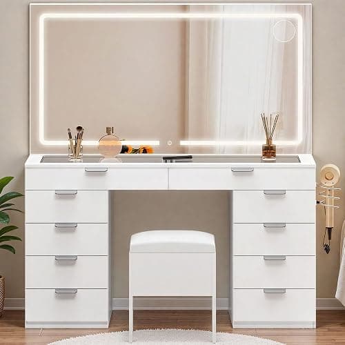 DWVO Makeup Vanity with LED Mirror and Charging Ports, 10-Drawer Vanity Set with Glass Top, Hair Dryer Holder, 3 Adjustable Light Colors, and Hidden Storage Stool - Image 1