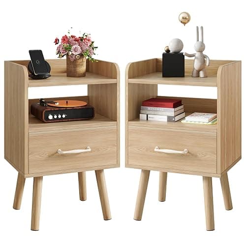 YMYNY Bedside Table Set of 2, Nightstand, Side Table, Wooden Sofa End Table with Fabric Drawer, Open Shelf, Solid Wood Legs, 15.35" x 11.42" x 24.41", for Bedroom, Natural UHST021N-2 - Image 1